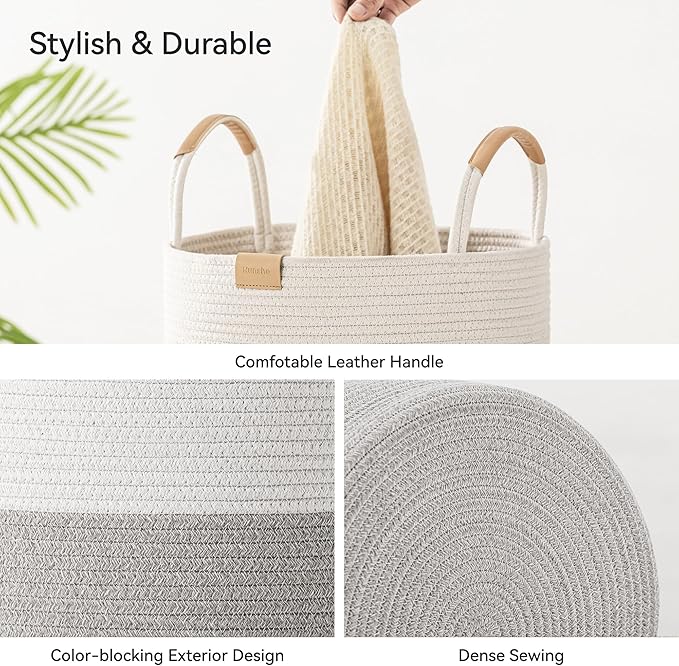 95L Striped Laundry Hamper with Leather Handles,Large Foldable Laundry Basket for Clothes,Cotton Rope Storage Bin for Blankets,Woven Clothes Basket for Bedroom,Gray Stripes