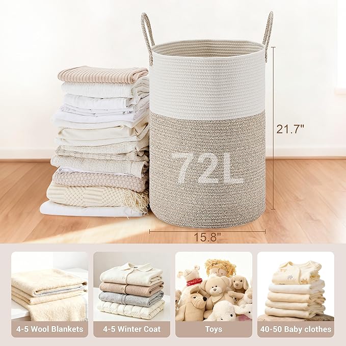 Tall Laundry Basket with Handles, 72L Portable Dirty Clothes Hamper, Boho Cotton Rope Storage Bin for Blankets Kids Toys Gifts, Large Organizer for Baby Nursery Bedroom Bathroom, Brown