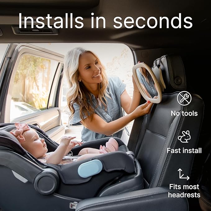 Renzo Baby Car Mirror - Rear Facing Car Seat Mirror for Infants - Extra Large, Shatter-Resistant, 360° Adjustable, Tool-Free Installation - Fits Most Cars, SUVs & Trucks (Almond Cream)