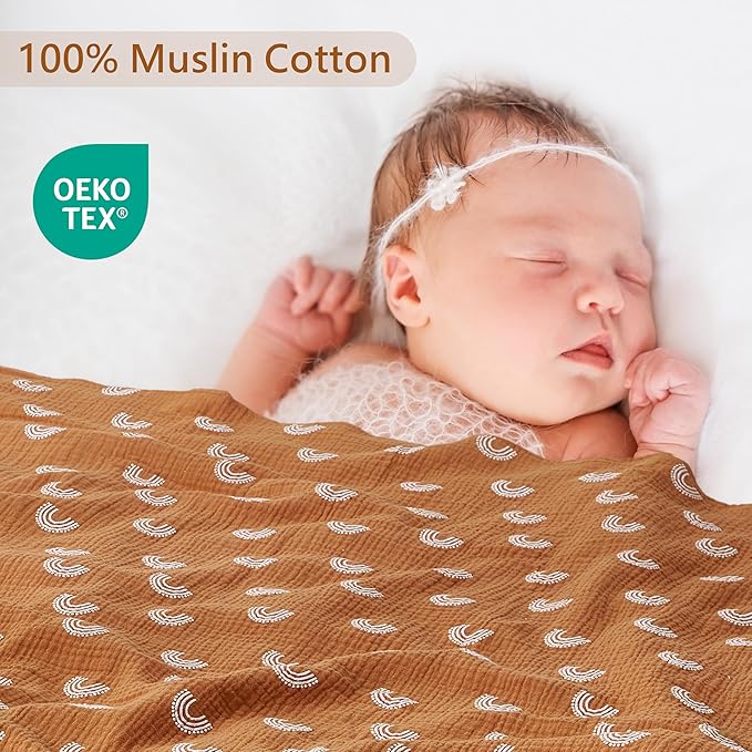 3-Pack 100% Cotton Muslin Swaddle Blankets, Large 47 x 47 Inches — Breathable Soft Receiving Blankets for Newborns, Swaddling Wraps, Registry Gift (Rainbow Elephant Safari)