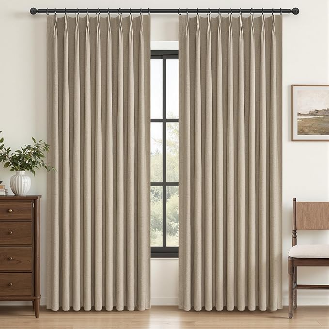 Curtains 60 Inch Length Wide Pinch Pleated Black Out Curtain 84 Inch Long for Living Room, Farmhouse GreyBeige Linen Thick Burlap Boho Bedroom Heavy Insulated Window Drapes (60"W x 84"L x 2Panels)