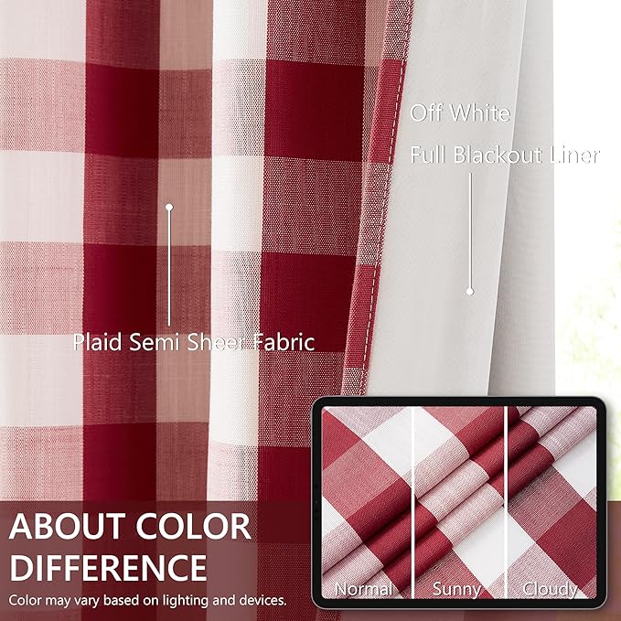 Amzdecor Buffalo Check Plaid Full Blackout Window Curtains 90 Inches Long for Bedroom Noise Reducing Total Room Darkening Grommet Drapes,Vintage Farmhouse Window Treatment,2 Panels,52"x90",Red White