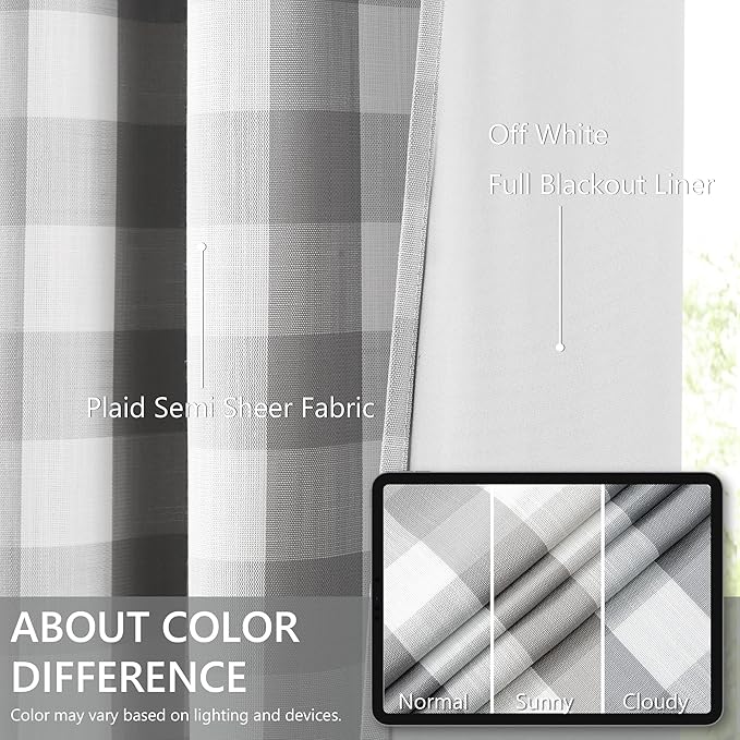 Amzdecor Buffalo Plaid Check Full Blackout Curtains Woven Checkered GEO Thermal Insulated Energy Efficient Drapes Grommet 2 Layers Window Treatment for Bedroom Living Room,2 Panels,52"x63",Gray White