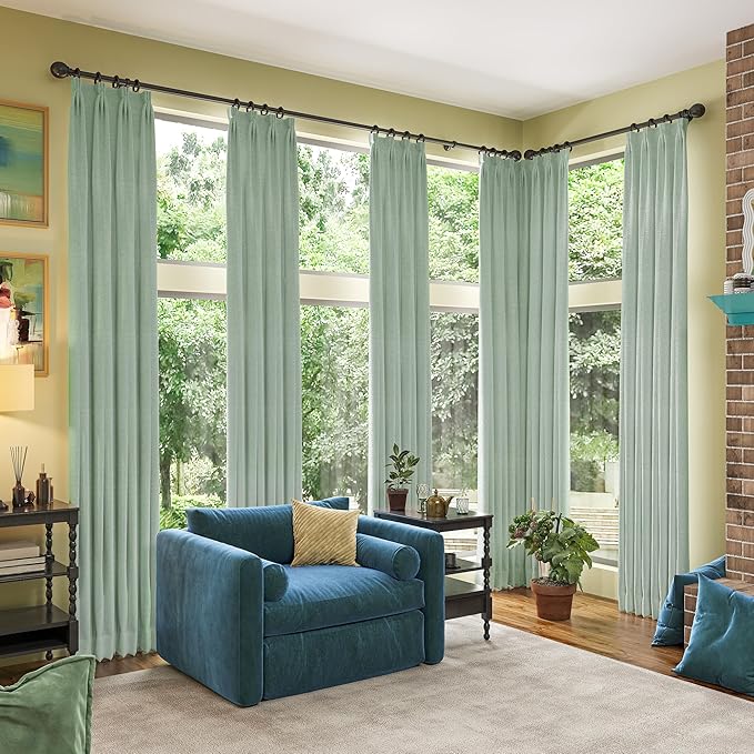 RAIN CITY Light Green Linen Blackout Curtains 102 Inch Long for Living Room,2 Panels Pinch Pleated Drape with Hooks Back Tab Boho Decor, Textured Full Black Out Curtains for Bedroom 50 x 102