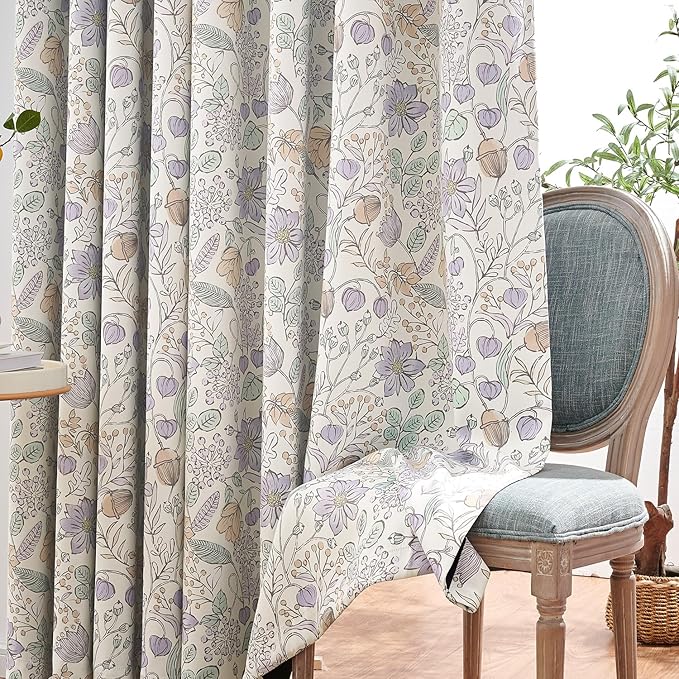 jinchan Nursery Curtains 95% Blackout Purple Floral Curtains for Girls Room, 84 Inch Length Farmhouse Drapes for Bedroom Living Room Darkening Window Treatment Grommet Top Set of 2 Panels