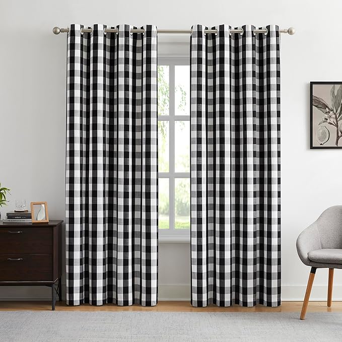 Amzdecor Buffalo Check Plaid Full Blackout Window Curtains 95 Inches Long for Bedroom Noise Reducing Total Room Darkening Grommet Drapes,Vintage Farmhouse Window Treatment,2 Panels,52"x95",Black White
