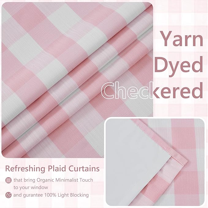 Amzdecor Pink White Buffalo Plaid Full Blackout Curtains 84 Inch for Girls Room Bedroom Nursery Living Room Farmhouse Check Drapes Thermal Insulated Soundproof Grommet Window Treatment,2Panels,40"x84"