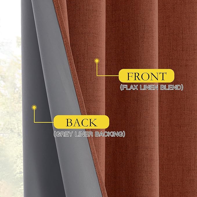 NICETOWN 100% Absolutely Blackout Linen Curtains with Thermal Insulated Grey Liner, 84 inches Long Drapes, 52" Wide, 2 Panels, Retro Burnt Orange Linen Curtains Vertical Drapes Privacy for Bedroom