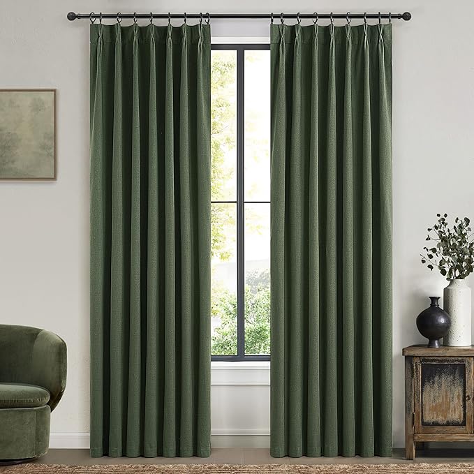 Lush Decor 120 Inch/10ft Long Insulated Back Tab Pinch Pleated Curtains, Linen Olive Green Linen Blackout Window Drapes 2 Panels, Room Darkening Extra Long Tall Curtains for Living Room