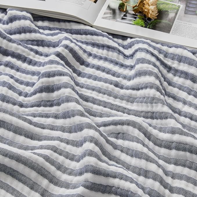 EMME Cotton Muslin Twin Blanket Breathable Gauze Soft Lightweight Adults Gifts for Women (Striped Navy, 60"x80")