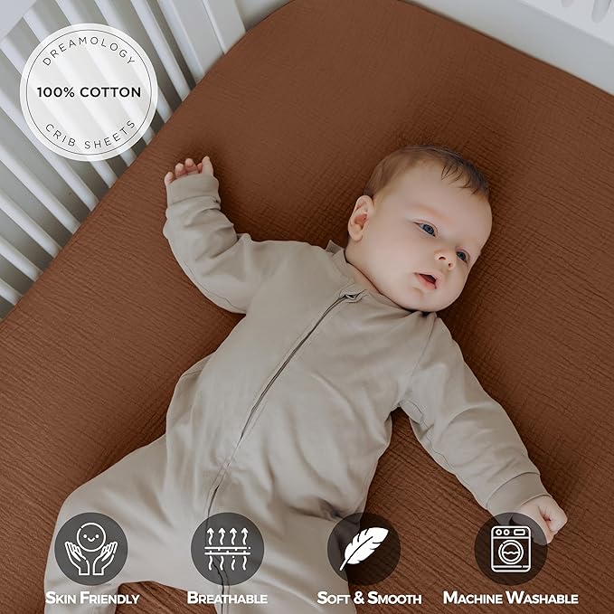 Dreamology Crib Sheets, Standard Muslin Crib Sheet Girls, Boys, 2 Pack Crib Sheet,Breathable Toddler Bed Sheets,Crib Sheets Cotton for Standard Cribs & Toddler Mattress Fitted,52x28 | Rust and Ecru