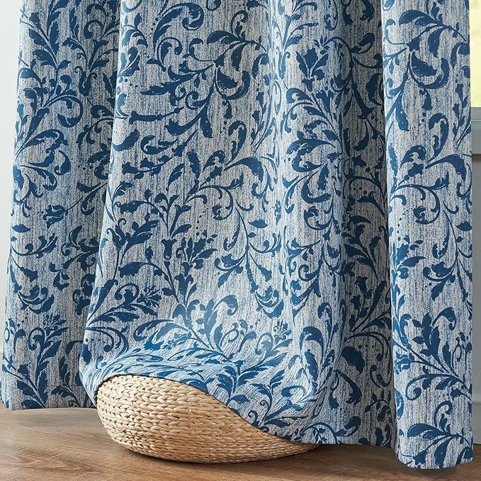 jinchan Blackout Curtains for Bedroom 84 Inches Long Blue Scroll Floral Window Curtains for Living Room Farmhouse Vintage Drapes Thermal Insulated Grommet Window Treatments 2 Panels