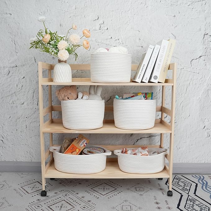 Woven Cotton Storage Baskets - 3-Pack Round Bins (10x10x7'') for Shelves, Closets & Bookcases | Durable Rope Organizers for Nursery, Baby, Toys, Easter & More (white)