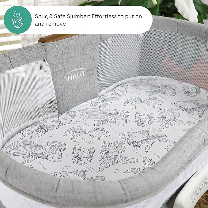 TansyPanda Halo Bassinet Sheets for BassiNest Luxe Swivel, Soothing, Swivel, Lite, Essential Sleeper, 3 Pack, 33 X 17 Inch, Ultra Soft, Snug Fit, Unisex Boys Girls, Gray White (Ocean Fish)