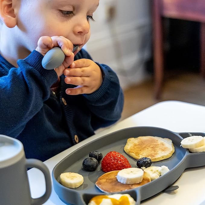 TUM TUM Baby Cutlery Set With Case, Spoon & Fork for Self Feeding, Silicone, 6 Months Plus (Grey)