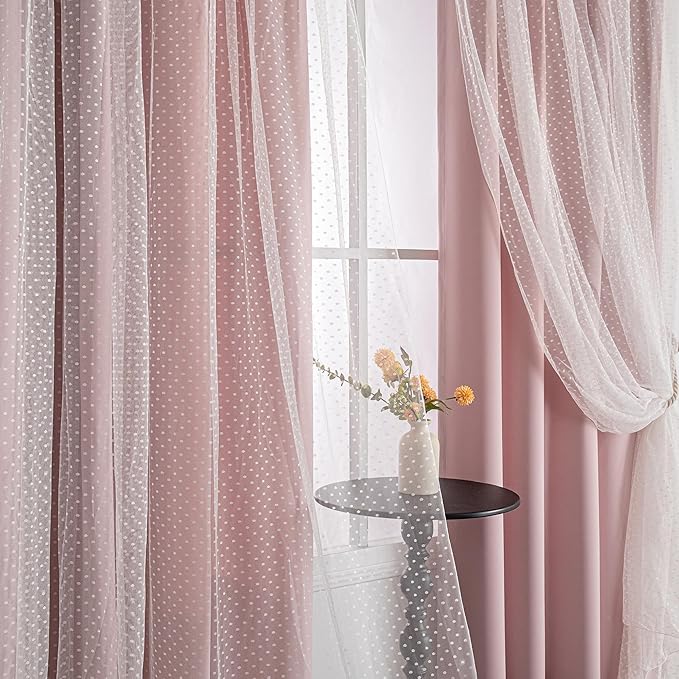 MYSKY HOME Pink Curtains for Girls Bedroom & Nursery Kids Blackout Blush Princess Curtains 63 inch Long Double Layer with Polka Dots Sheer, Grommet Tops, 52" Wide, 2 Panels