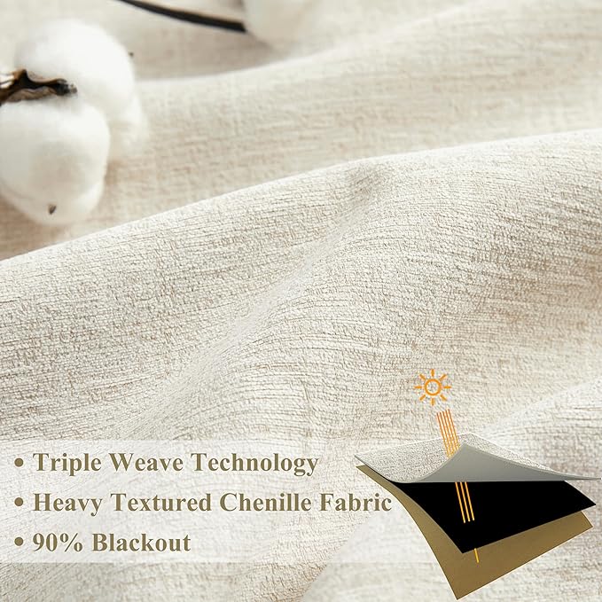 WEST LAKE Chenille French Pleated 90% Blackout Window Curtain Panels 90 Inches Length,Beige Triple Weave Heavy Light Blocking Drapes,Neutral Modern Window Treatment,Back Tabs,40"Wx90"L,Pack of 2,Beige