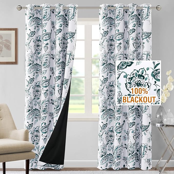 H.VERSAILTEX 100% Blackout Curtains for Bedroom Paisley Floral Printed Curtains 96 Inches Long Grommet Curtains & Drapes Thermal Curtains Window Treatments with Black Liner 2 Panels, Teal