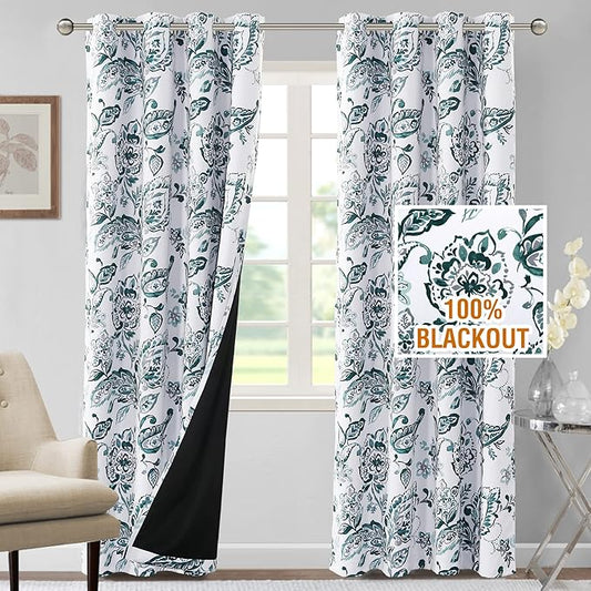 H.VERSAILTEX 100% Blackout Curtains for Bedroom Paisley Floral Printed Curtains 96 Inches Long Grommet Curtains & Drapes Thermal Curtains Window Treatments with Black Liner 2 Panels, Teal