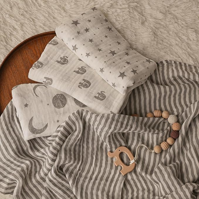 GLLQUEN BABY Muslin Swaddle Blankets 4-Pack Breathable Receiving Blankets (35" x 40") Soft Baby Blankets for Girls and Boys Newborn Essentials Muslin Burp Cloths Swaddle Wrap Baby Gift (Elephant)