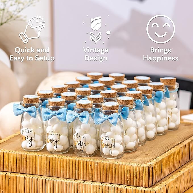 Ethisa Vintage 24 Pack It's a Boy Milk Glass Bottles with Ribbons and Stickers - Classy Baby Shower Favors for Guests and Table Centerpieces - Gender Reveal Boy Decorations - Baby Shower Candy Jar