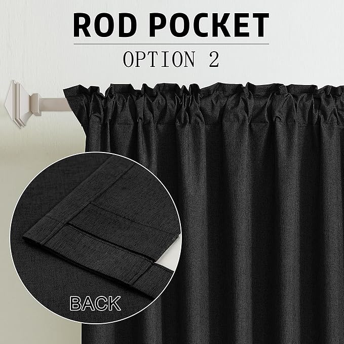 DUALIFE 96 Inch Long Blackout Curtains - Extra Wide Thermal Insulated Sun Block Out Bedroom Linen Curtains 8 ft Window Covering Back Tab Rod Pocket Drapes for Hall Living Room W84 x L96,2 Pcs, Black
