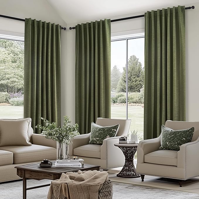 Topfinel 92 Inches Long Farmhouse Custom Black Out Drapery Panels,Rustic Country Faux Textured Opaque Pleated Window Coverings, Olive Green Boho Heat Blocking Tab Top Kids Curtains