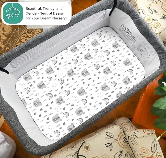 Bassinet Sheets for Angelbliss, Koolerthings, Chicco LullaGo, BCOL, Semphis Bassinet Bedside Sleeper by TansyPanda, 3PC, 33x20, Ultra Soft, Breathable, Snug Fit, Boys Girls, Gray (Woodland Rainbow)