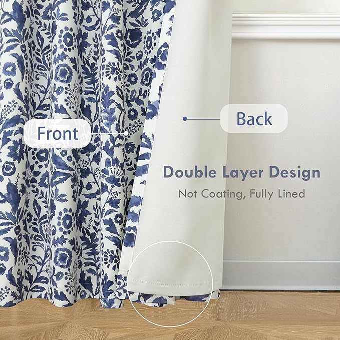 DriftAway Julia Watercolor Blackout Room Darkening Lined Thermal Insulated Energy Saving Window Curtains 2 Layers 2 Panels Each Size 52 Inch by 108 Inch Navy
