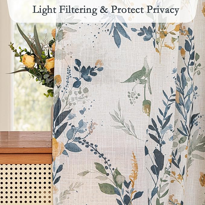 MYSKY HOME Linen Floral Kitchen Curtains 45 inch Length 2 Panels Set Over Sink - Light Filtering Semi Sheer Farmhouse Drapes Back Tab Rod Pocket for Small Windows, 50" Wide, Yellow and Blue, 2 Pcs