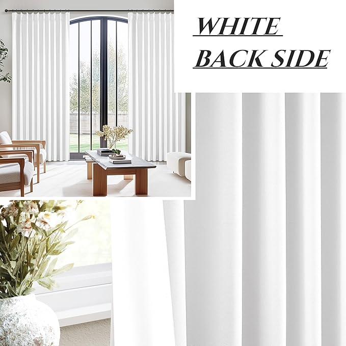 Pinch Pleated Bright White Blackout 95 Inch Curtains 2 Panels Set for Bedroom, Elegant Flax Linen Room Darkening Drapes with Hooks Rings & Ceiling Track 95 Inches Length Window Curtain for Dining Room