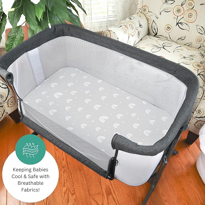 TansyPanda Bassinet Sheets for Bellababy, Besrey, AMKE, and Airclub Bedside Bassinet Sleeper, 3PC, 20 x 33 Inch, Ultra Soft, Breathable, Snug Fit, Unisex Boys, Girls, Gray White (Woodland Rainbow)