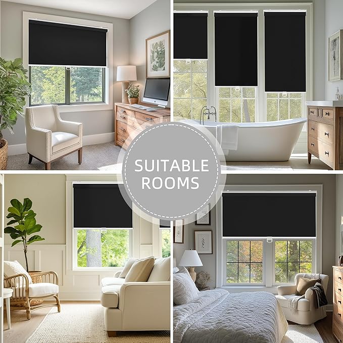 ChrisDowa Cordless Blackout Roller Shades for Windows, Thermal Insulated UV Protection Pull Down Shades, Total Blackout Window Blinds for Home, Office, Bedroom, Door (50" W x 72" H, Black)