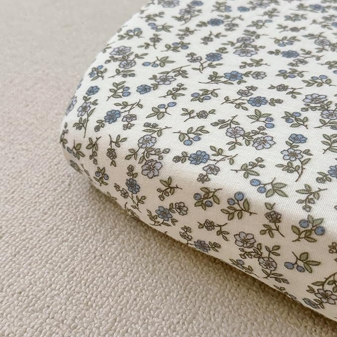 BuLuTu Blue Flower Design Muslin Crib Sheets for Boys Girls, 52"x28", 2 Pack Fitted Standard Crib Mattress Sheets Neutral, Double-Layer Gauze Cotton Cover for Baby Bed, Freesia & Blue Floral