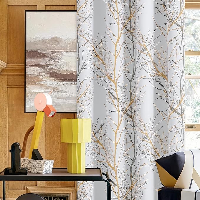 FMFUNCTEX 100% Blackout Curtains Yellow White Tree Liner Curtains for Bedroom, Branch Partterned Curtains 63 inch Length for Living Room, Room Darkening Thermal Insulated Drapes, Grommet Top 2 Panels