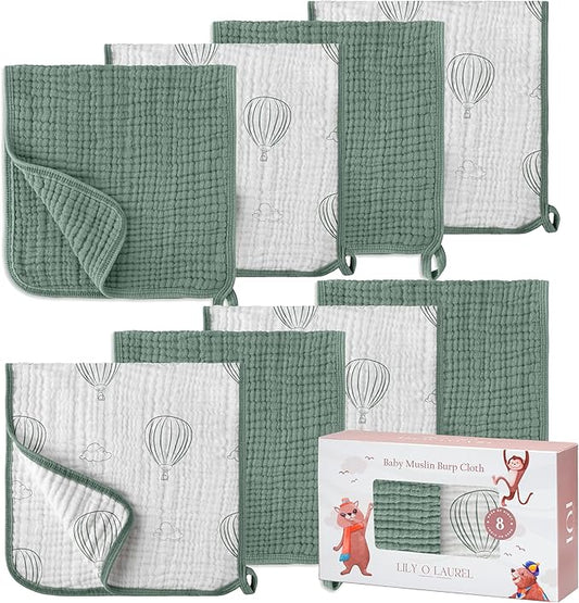LILY O LAUREL Muslin Burp Cloths, 20"x10"- Pack of 8, 6 Layers Super Soft Absorbent & Breathable 100% Cotton for Baby Drool and Messes, Burp Cloth Baby Boy and Burp Cloths Baby Girl
