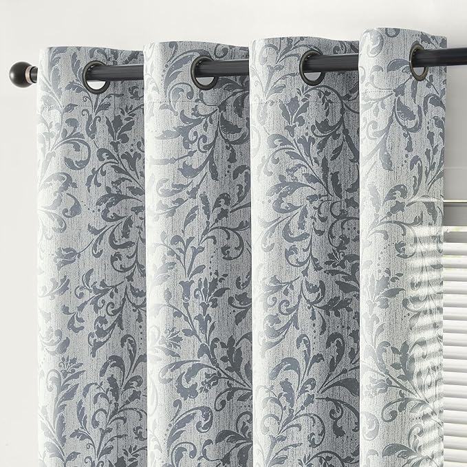jinchan Blackout Curtains for Bedroom 84 Inches Long Silver Grey Scroll Floral Window Curtains for Living Room Farmhouse Vintage Drapes Thermal Insulated Grommet Window Treatments 2 Panels