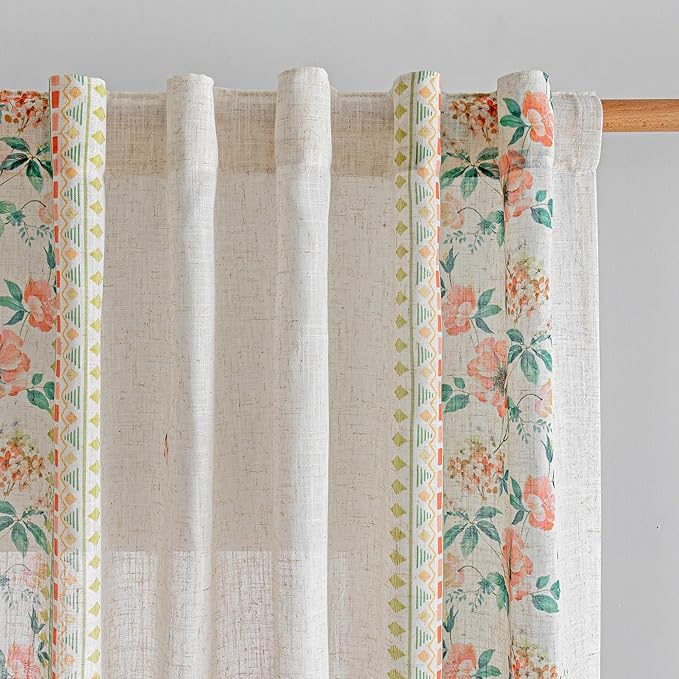 MYSKY HOME Boho Floral Curtains 72 inch for Living Room Semi Sheer Linen Look Butterfly Printed Bohemian Style Farmhouse Window Treatments Light Filtering Back Tab Drapes, 50x84 Inch, Pink, Pack-2