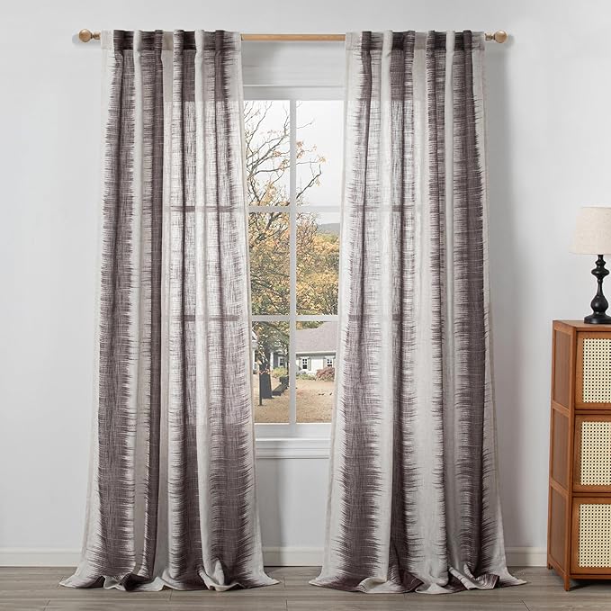 MYSKY HOME 95 Inch Curtains Light Filtering Privacy Curtains & Drapes for Patio Door Living Room, Lines Linen Look Fabric Bohemian Draperies Soft Touch Decorative Curtains, 50" x 95", Red, 2 PCs