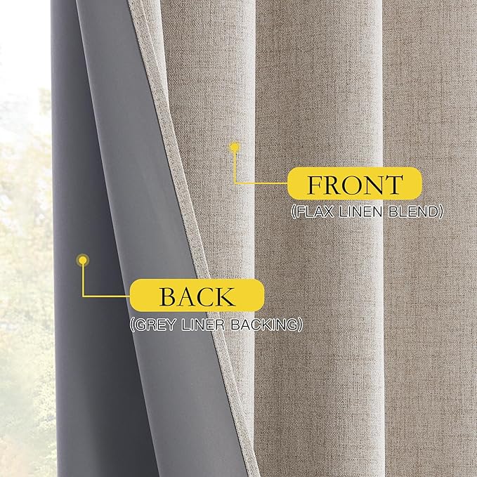 NICETOWN Natural Short 100% Blackout Curtains 63" Lenghth Burg for Kitchen, Burlap Linen Drapes with Thermal Insulated White Liner, Keeping Out Cold Air and Heat Panels (Set of 2, 52" Width)