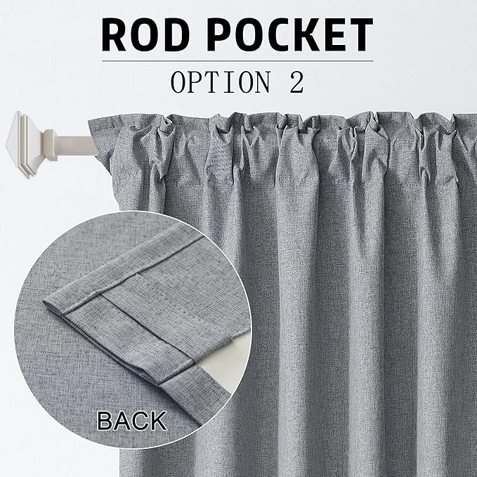 DUALIFE Blackout 96 Inches Long Grey Curtains 2 Panel Set, Farmhouse Curtains for Living Room Darkening Thermal/Noise Reduction Textured Flax Linen Drape 8ft Rod Pocket&Back Tab 72W x 96L