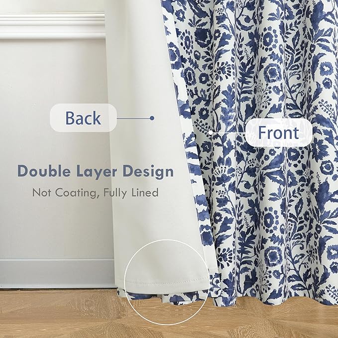 DriftAway Julia Watercolor Blackout Room Darkening Lined Thermal Insulated Energy Saving Window Curtains 2 Layers 2 Panels Each Size 52 Inch by 72 Inch Navy