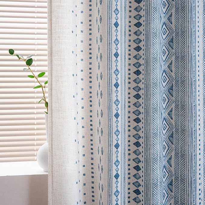 MYSKY HOME Boho Sheer Curtains Linen Look 95 inches Long for Dining Room Bohemian Geometric Striped Style Farmhouse Home Decor Light Filtering Privacy Back Tab Drapes, 50'' Wide, Blue, 2 Pcs