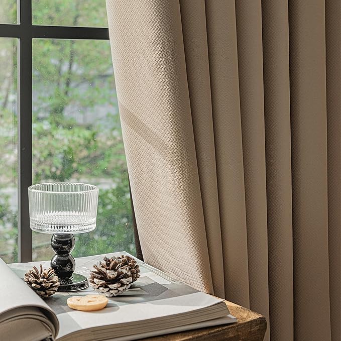 FMFUNCTEX 100% Brown Blackout Curtains for Bedroom, Solid Weave Textured Geometric Weave Curtains 84 Inches Long Thermal Insulated Curtains Living Room, Black Out Drapery Grommet 2 Panels