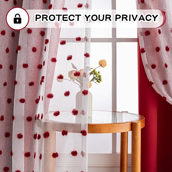 MYSKY HOME Red Pom Pom Sheer and Curtains for Bedroom 72 Inches Long Nursery Curtains for Girls Room 2 Layered Blackout Closet Door Drapes Grommet Room Darkening Window Panels 52 x 72 in, 2 Panels