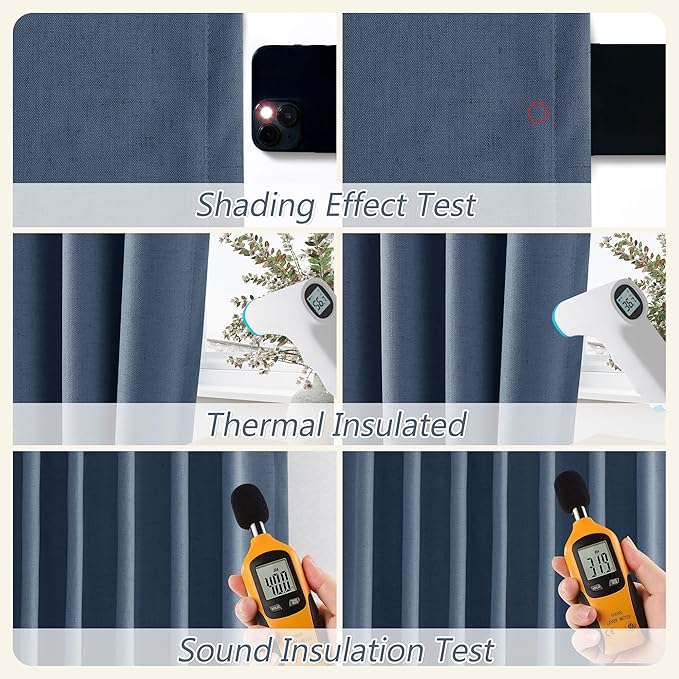 Guken 100% Blackout Curtains 80 Inch Length 2 Panels Set for Living Room Bedroom Back Tab Thermal Insulated Black Out Linen Drapes Room Darkening Window Curtains 80 Inches Long,Denim Blue