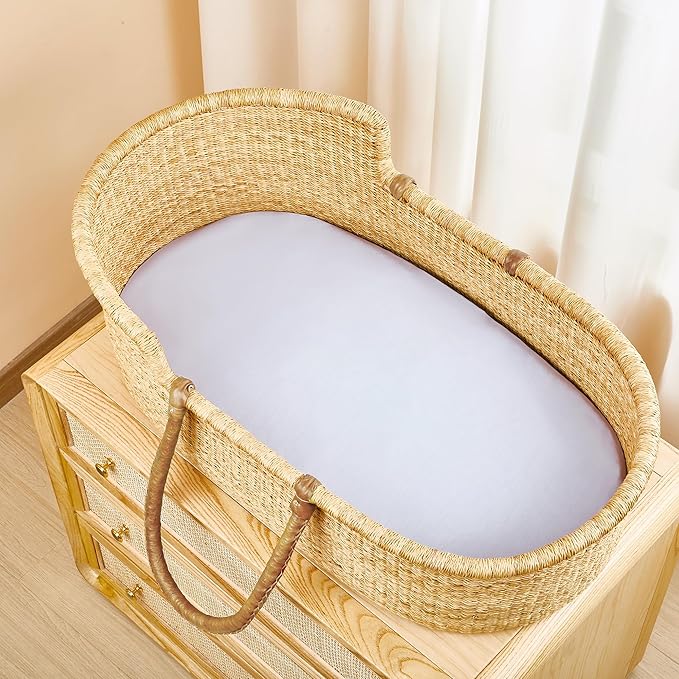TILLYOU Baby Bassinet Sheets for Girls Boys 2 Pack Baby Sheets for Square Rectangle Oval Bassinet Mattress 33X16 Inch, Brilliant Little Flowers and Purple
