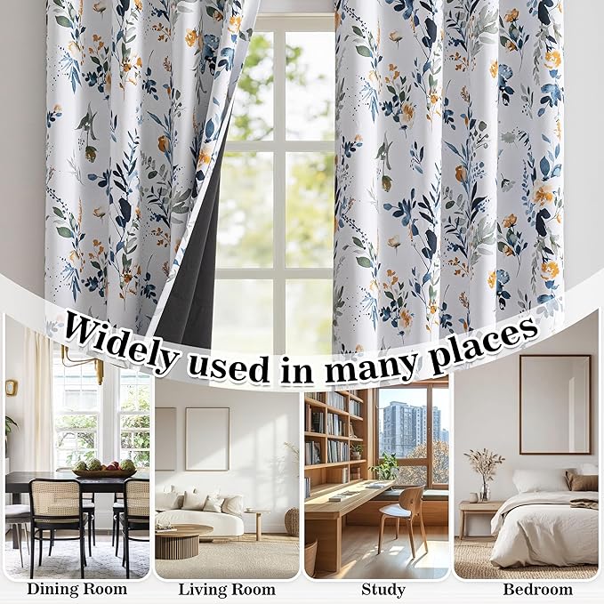 MYSKY HOME 95% Blackout Floral Curtains 90 inch Long for Bedroom Living Room Flower Patterned Room Darkening Thermal Insulated Soundproof Grommet Window Treatments, 2 Panels, 52" Wide, Yellow and Blue