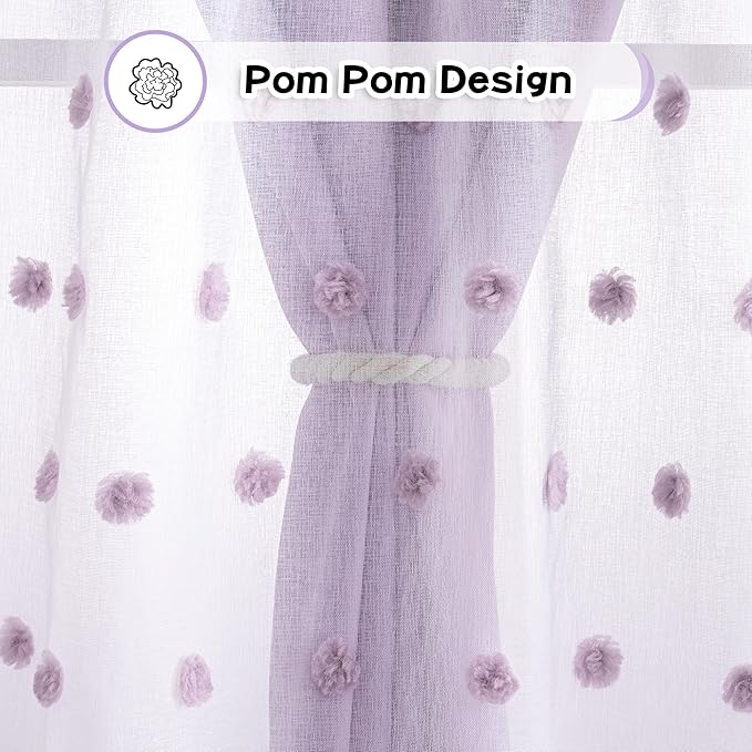 MYSKY HOME Lilac Curtains for Girls Bedroom Pom Pom Sheer Curtain 63 Inches Length Thermal Insulated Nursery Blackout Curtains Room Darkening Short Kitchen Drapes Grommet, 52 x 63 in, 2 Panels