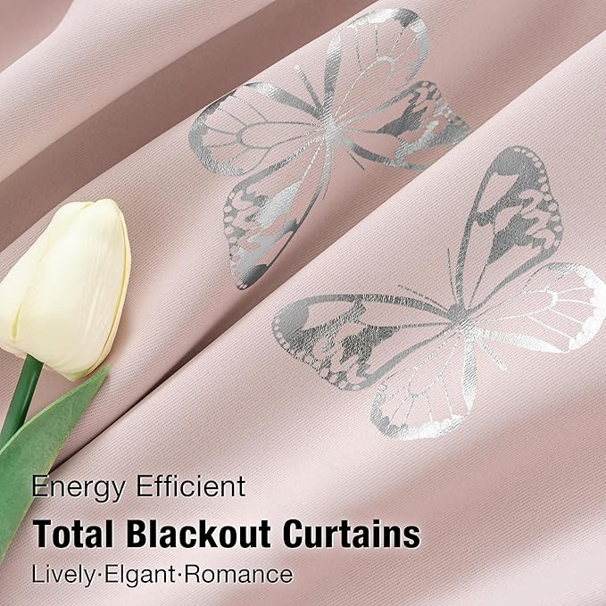 Jubilantex Pink Metallic Silver Butterfly Blackout Curtains 54" Long for Small Window Girls Bedroom Nursery Window Curtains,Grommet Top 2 Panels